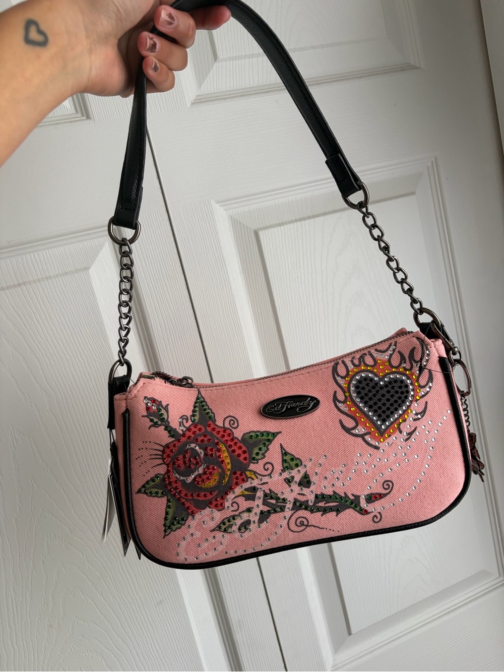 Ed Hardy Pink Shoulder Bag with Heart & Rose Embellishments